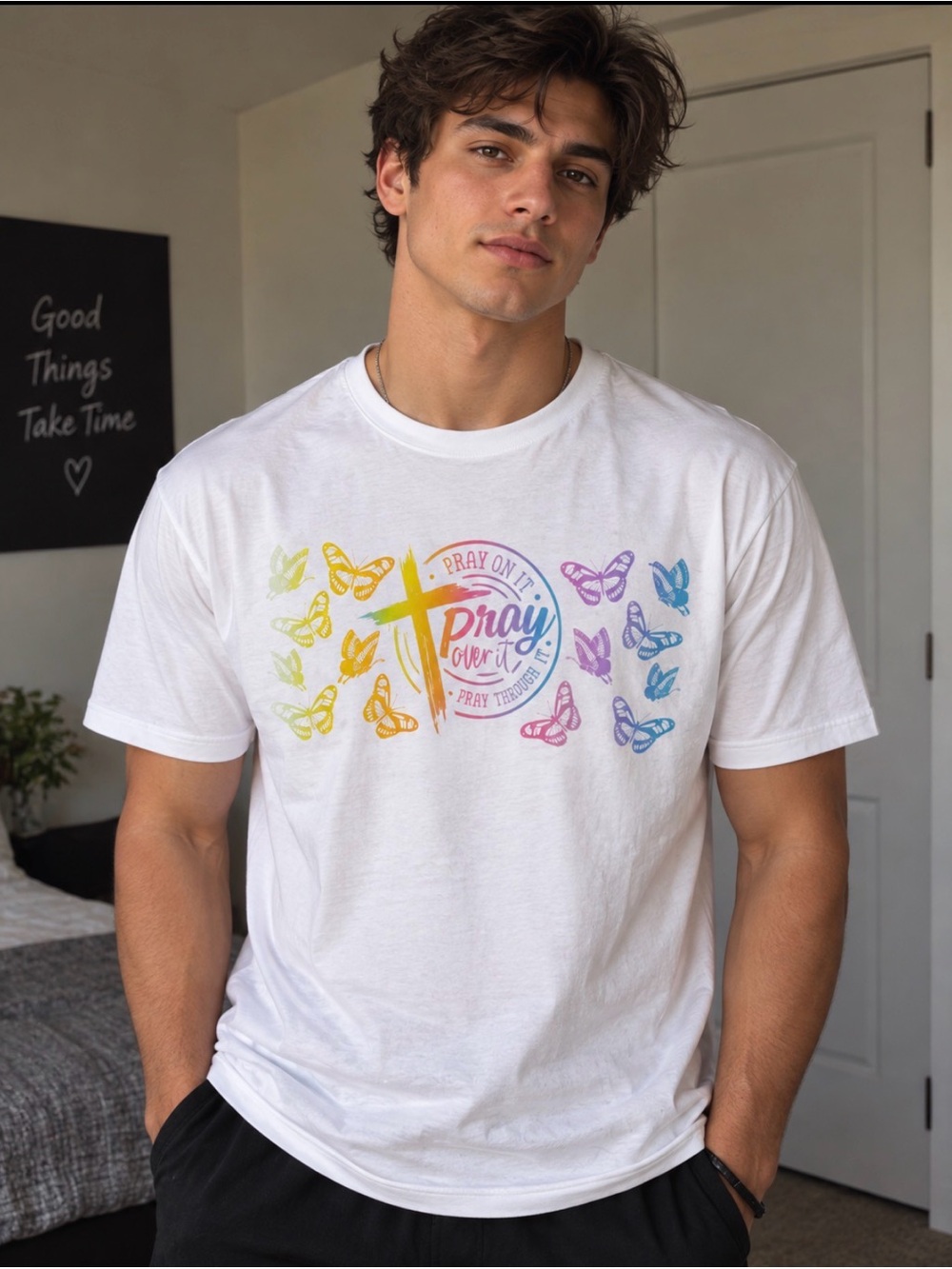 Pray Over It Rainbow Butterfly Graphic Tee - White